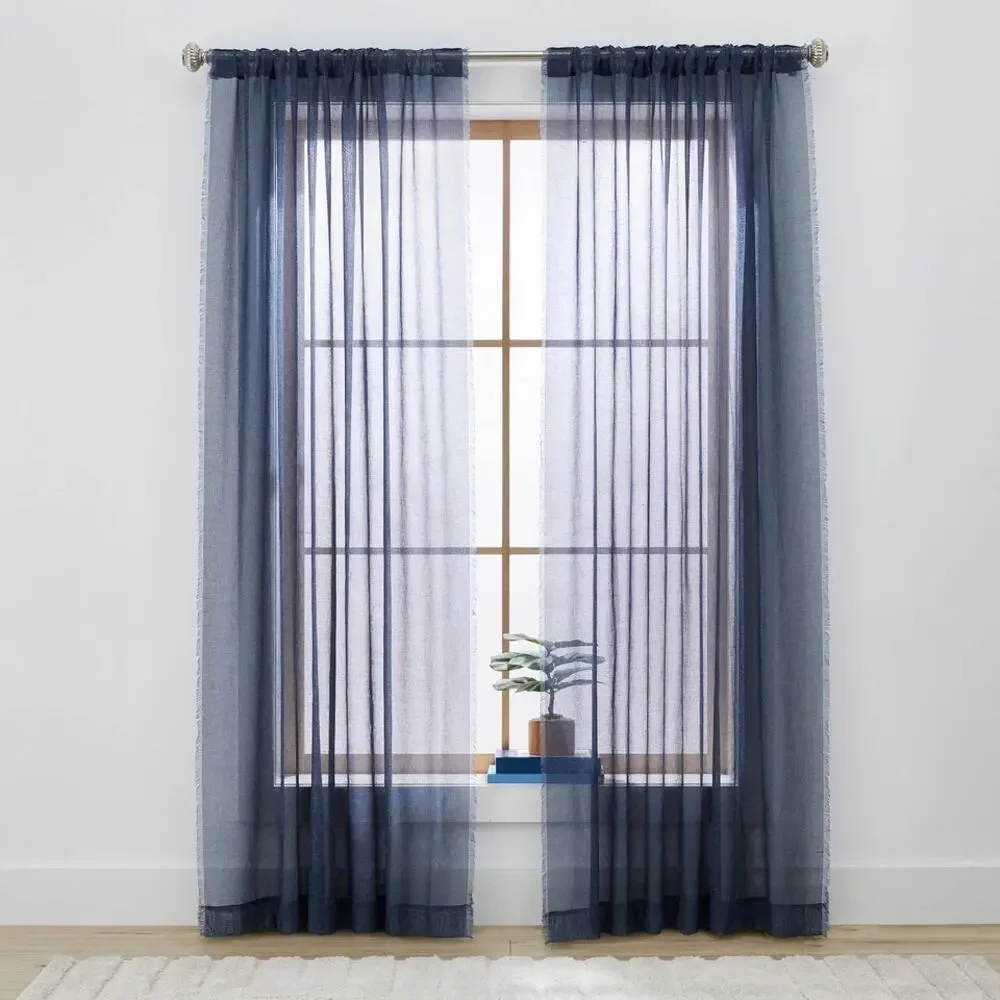 New Better Homes &Gardens Solid Fringe Single Rod Pocket Blue 2 Curtain Panels